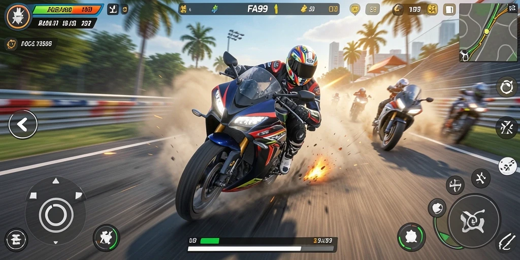 Gameplay mendebarkan dalam balapan motor yang seru.
