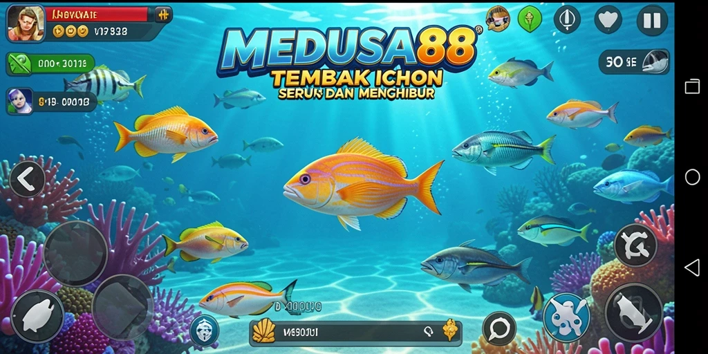 Tampilan gameplay seru dengan menembak ikan berwarna-warni.