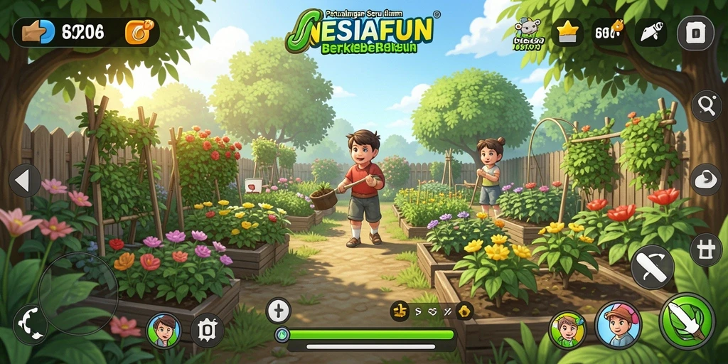 Screenshot gameplay NESIAFUN menampilkan kebun yang indah dengan berbagai tanaman.