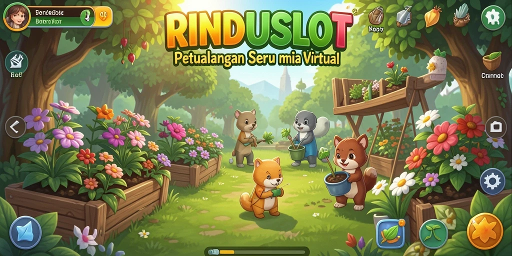 Gameplay RINDUSLOT yang menampilkan kebun yang indah dan penuh warna.